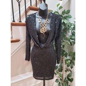 Fashion Nova Womens Black Solid Polyester V-Neck Long Sleeve Knee Length Dress S